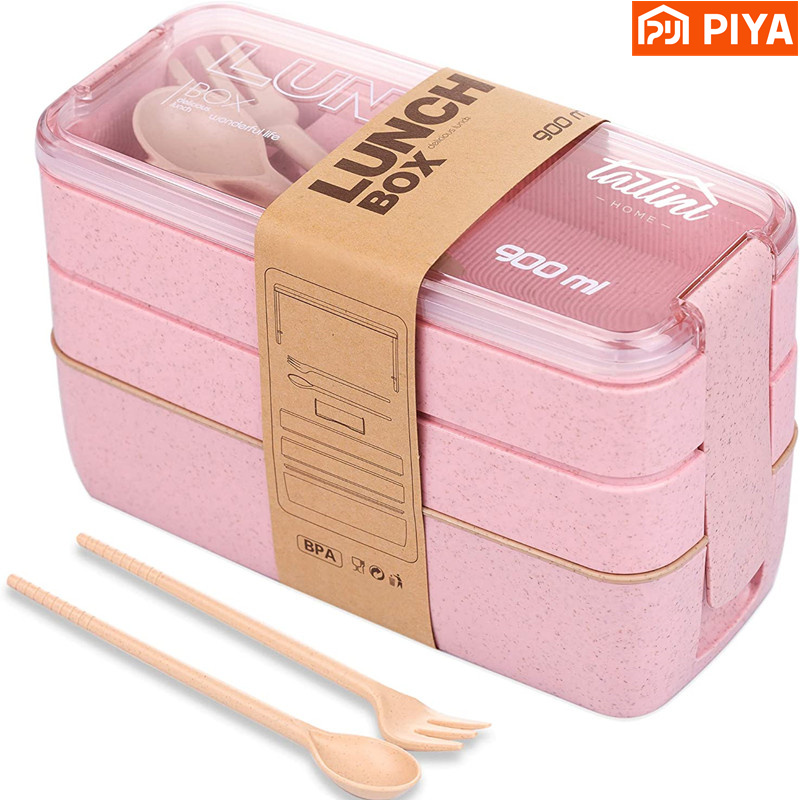 3-In-1 Compartment Wheat Straw - Meal Prep Lunch Boxes ulasan dan harga